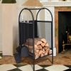 31.5''x14'' x14''Firewood Rack Log Cart with Wheels,Fireplace Log Carriers Holders with 3 Fireplace Tool Set,Black