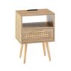 Rattan End table with Power Outlet & USB Ports ; Modern nightstand with drawer and solid wood legs; side table for living roon; bedroom; natural