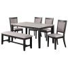 Contemporary Dining 6pc Set Table w 4x Side Chairs And Bench Padded Upholstered Cushion Seats Chairs Solid wood And Veneers Dining Room Furniture