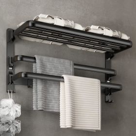 Towel Racks for Bathroom, 24-Inch Towel Shelf with Towel Bar Foldable Towel Holder with 7 Hooks Towel Storage Organizer for Bathroom & Lavatory Wall M (Color: Matte Black)