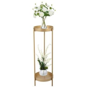 Modern Folding Metal 2-Tier Plant Stand Potted Plant Holder Shelf with 2 Round Trays Indoor Outdoor, Versatile, Golden (Color: Golden)